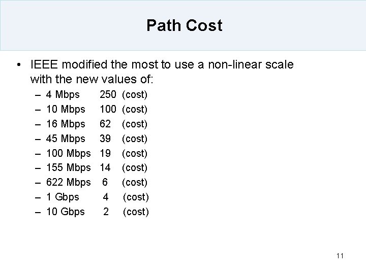 Path Cost • IEEE modified the most to use a non-linear scale with the