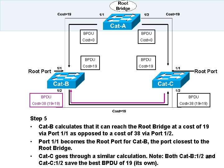 Root Port BPDU Cost=0 BPDU Cost=19 Root Port BPDU Cost=38 (19=19) Step 5 •