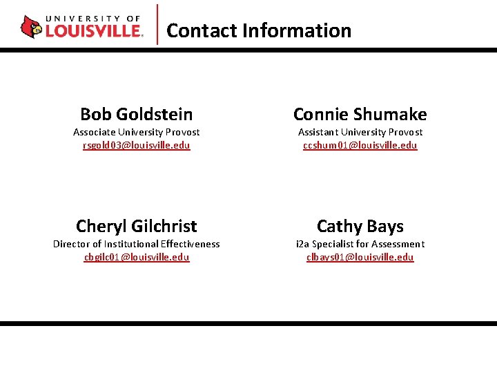 Contact Information Bob Goldstein Connie Shumake Cheryl Gilchrist Cathy Bays Associate University Provost rsgold