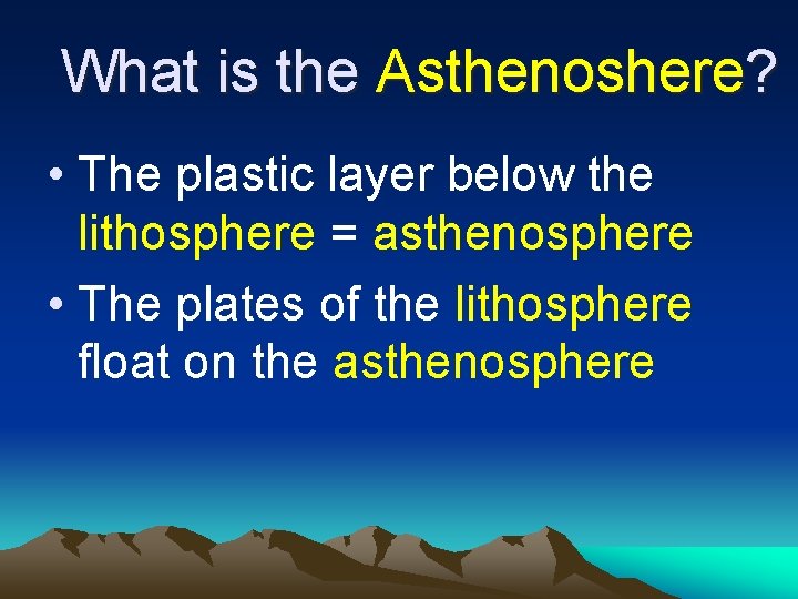 What is the Asthenoshere? • The plastic layer below the lithosphere = asthenosphere • What is the Asthenoshere? • The plastic layer below the lithosphere = asthenosphere •