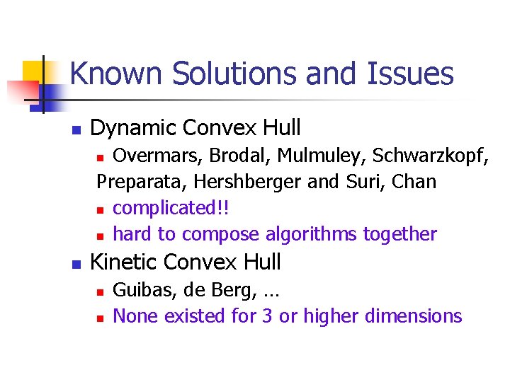 Known Solutions and Issues n Dynamic Convex Hull Overmars, Brodal, Mulmuley, Schwarzkopf, Preparata, Hershberger