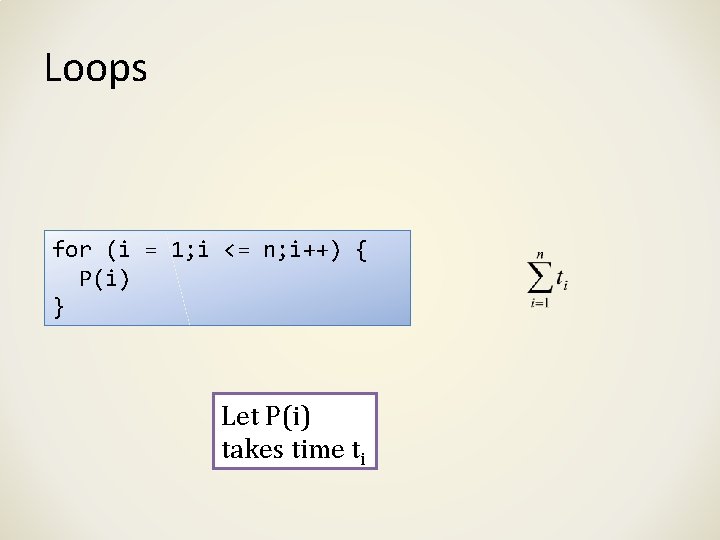 Loops for (i = 1; i <= n; i++) { P(i) } Let P(i)