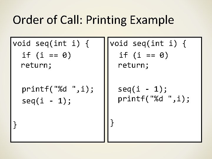 Order of Call: Printing Example void seq(int i) { if (i == 0) return;