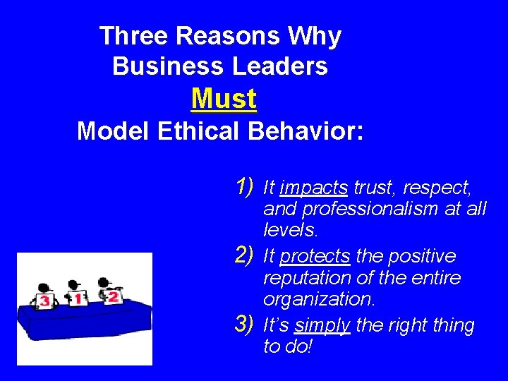 Three Reasons Why Business Leaders Must Model Ethical Behavior: 1) It impacts trust, respect,