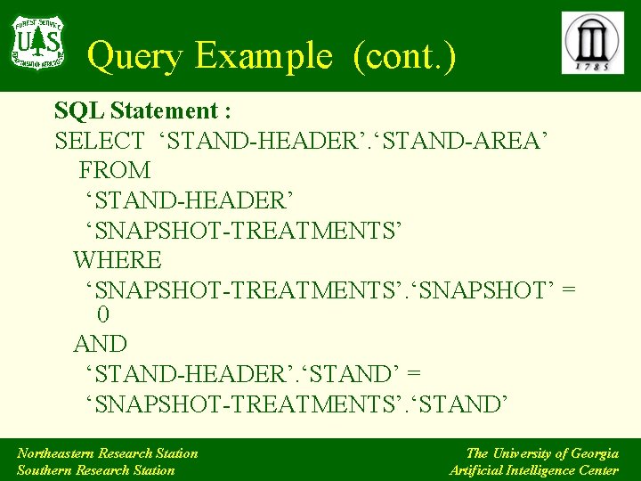 Query Example (cont. ) SQL Statement : SELECT ‘STAND-HEADER’. ‘STAND-AREA’ FROM ‘STAND-HEADER’ ‘SNAPSHOT-TREATMENTS’ WHERE