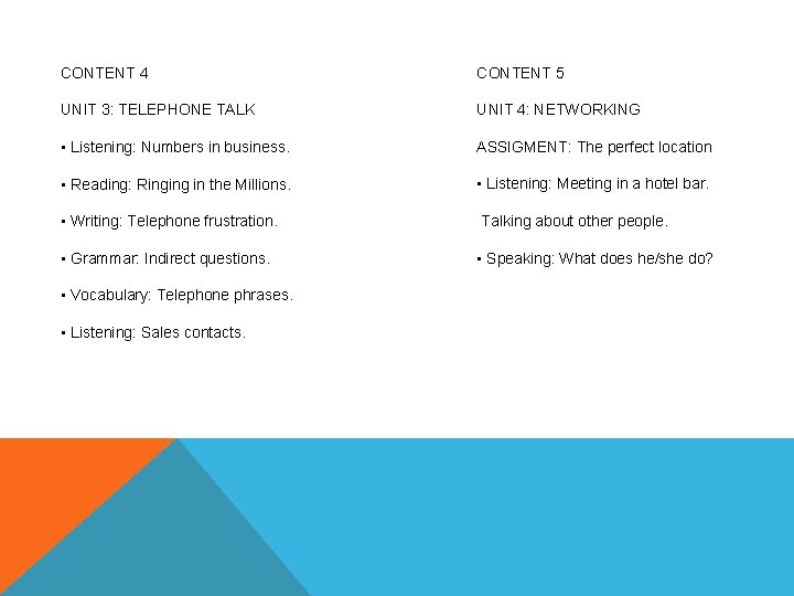 CONTENT 4 CONTENT 5 UNIT 3: TELEPHONE TALK UNIT 4: NETWORKING • Listening: Numbers