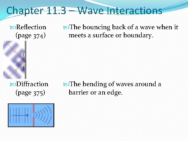 Chapter 11. 3 – Wave Interactions Reflection (page 374) The bouncing back of a
