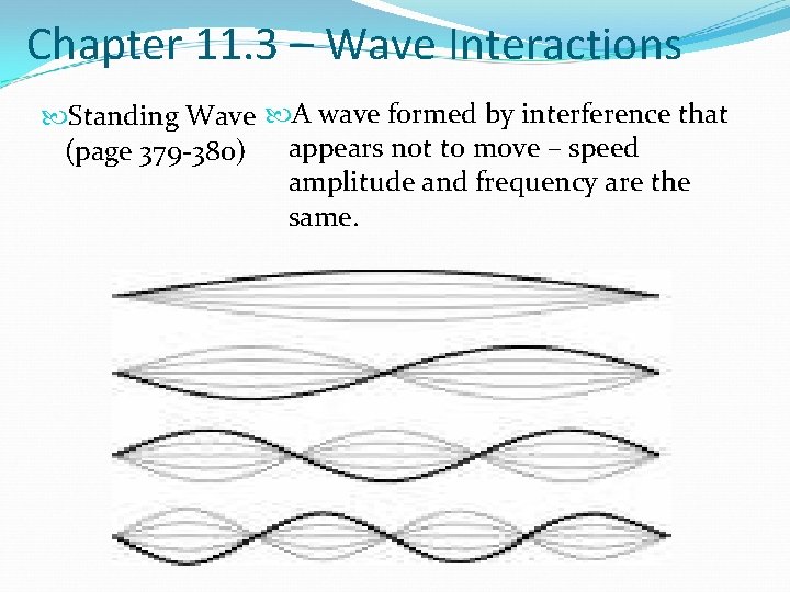 Chapter 11. 3 – Wave Interactions Standing Wave A wave formed by interference that