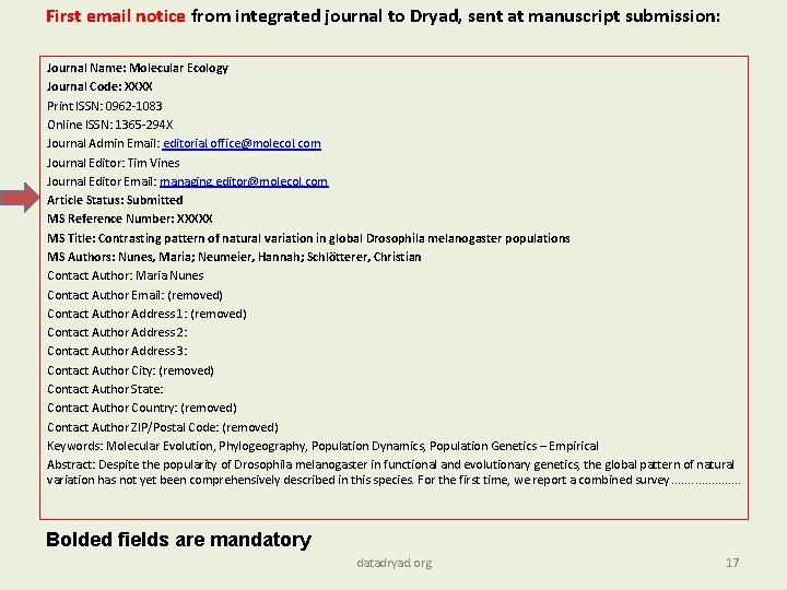 First email notice from integrated journal to Dryad, sent at manuscript submission: Journal Name: