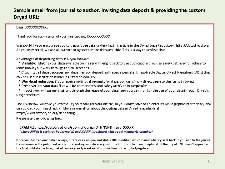 Sample email from journal to author, inviting data deposit & providing the custom Dryad