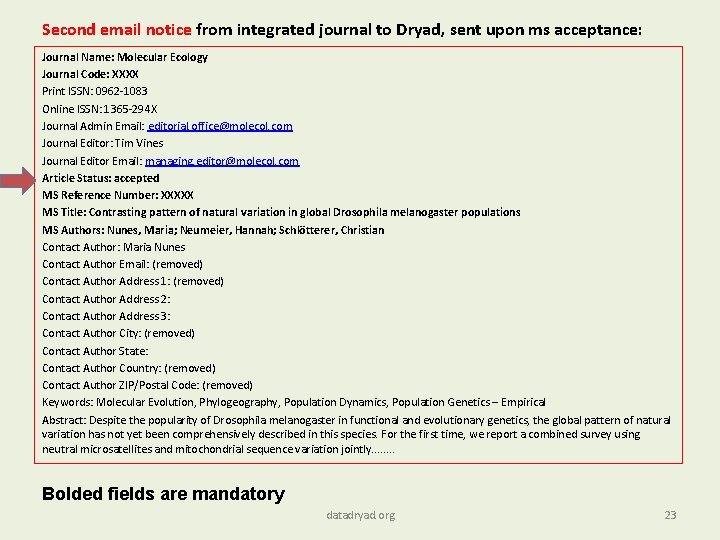 Second email notice from integrated journal to Dryad, sent upon ms acceptance: Journal Name: