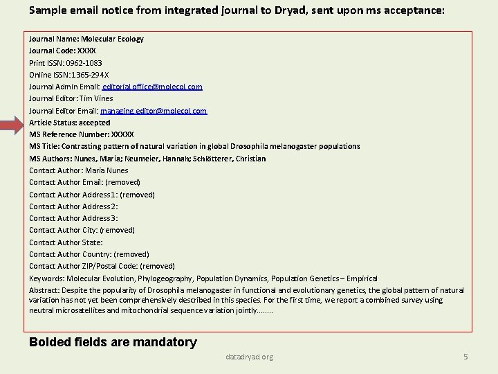 Sample email notice from integrated journal to Dryad, sent upon ms acceptance: Journal Name: