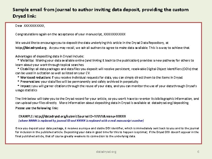 Sample email from journal to author inviting data deposit, providing the custom Dryad link: