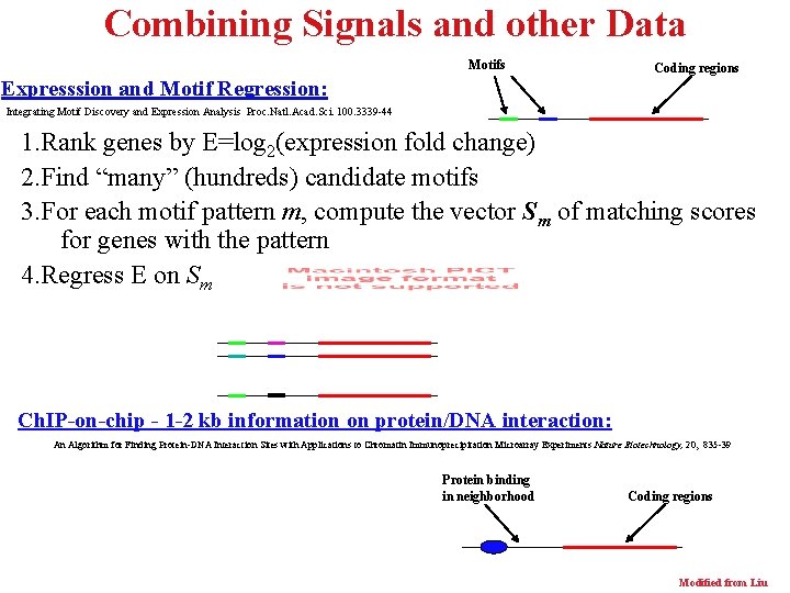 Combining Signals and other Data Motifs Coding regions Expresssion and Motif Regression: Integrating Motif