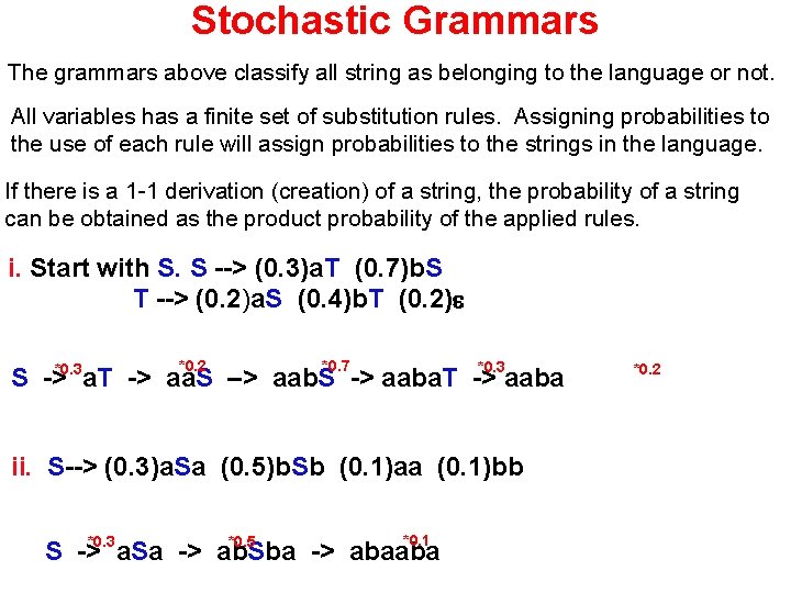 Stochastic Grammars The grammars above classify all string as belonging to the language or