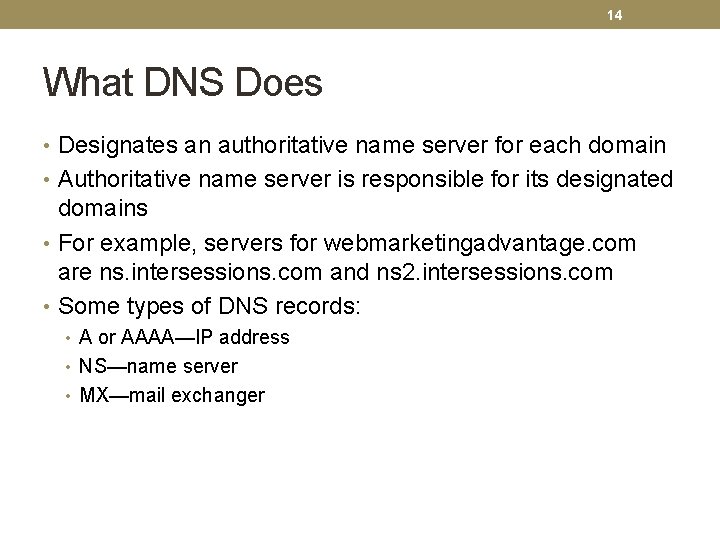 14 What DNS Does • Designates an authoritative name server for each domain •