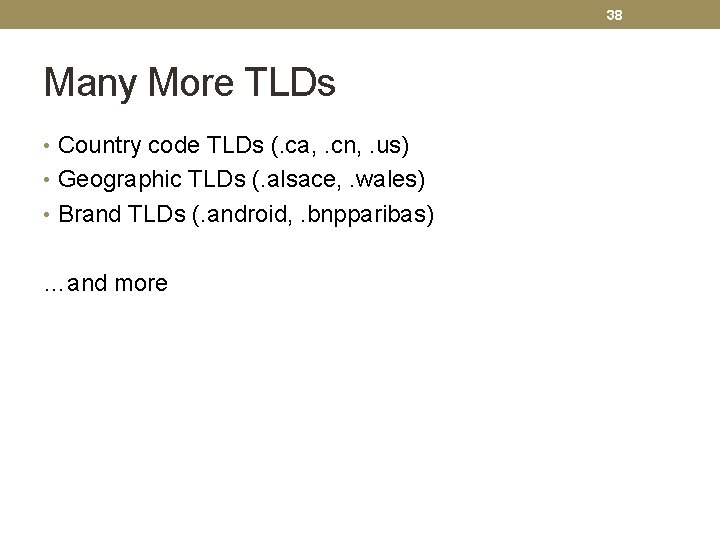 38 Many More TLDs • Country code TLDs (. ca, . cn, . us)