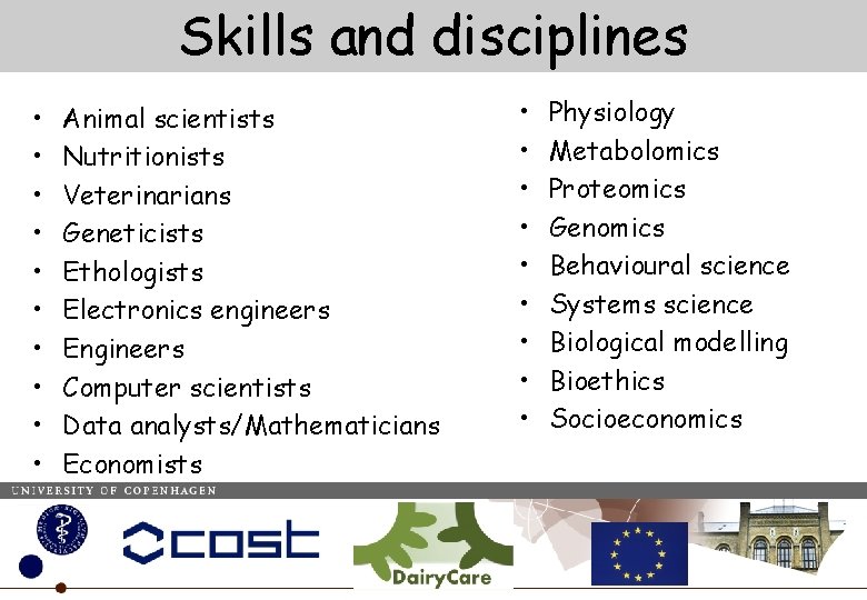 Skills and disciplines • • • Animal scientists Nutritionists Veterinarians Geneticists Ethologists Electronics engineers