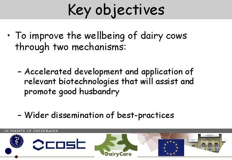 Key objectives • To improve the wellbeing of dairy cows through two mechanisms: –