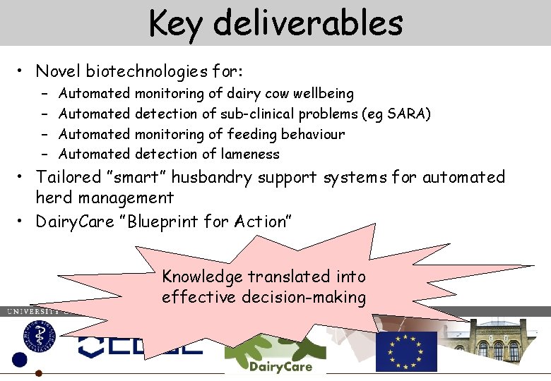 Key deliverables • Novel biotechnologies for: – – Automated monitoring of dairy cow wellbeing