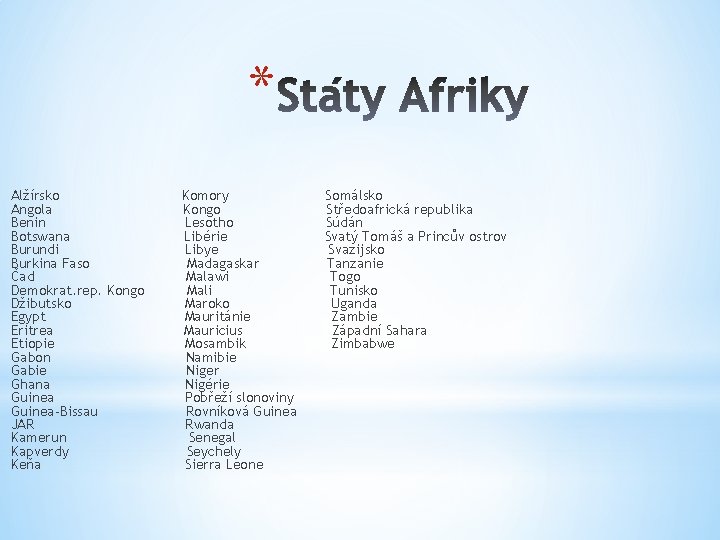 * Alžírsko Angola Benin Botswana Burundi Burkina Faso Čad Demokrat. rep. Kongo Džibutsko Egypt