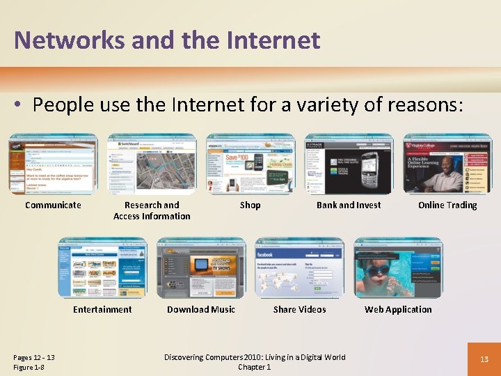 Networks and the Internet • People use the Internet for a variety of reasons: