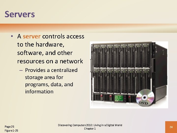 Servers • A server controls access to the hardware, software, and other resources on