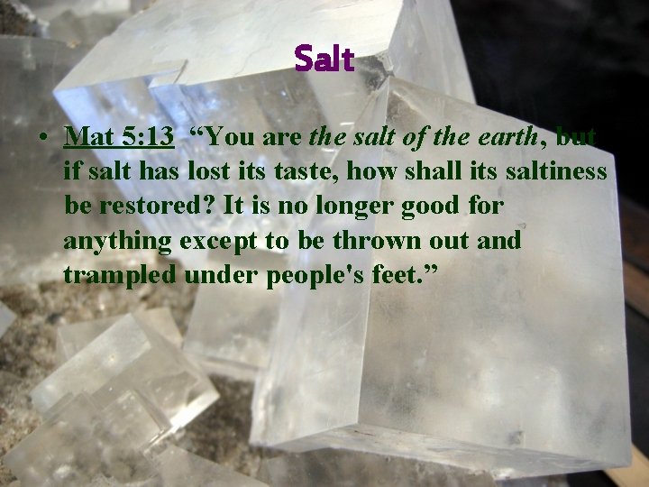 Salt • Mat 5: 13 “You are the salt of the earth, but if