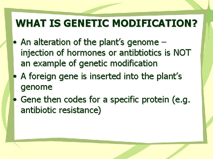 WHAT IS GENETIC MODIFICATION? • An alteration of the plant’s genome – injection of