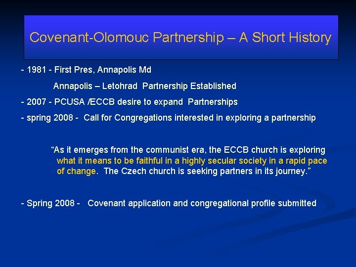 Covenant-Olomouc Partnership – A Short History - 1981 - First Pres, Annapolis Md Annapolis