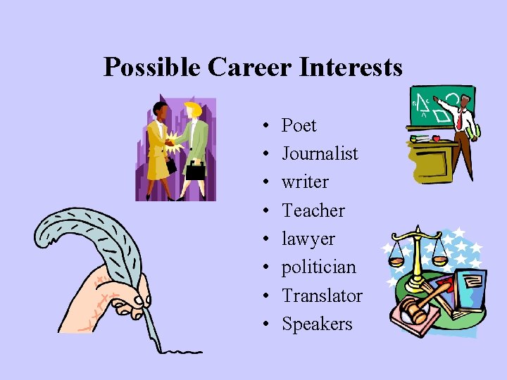 Possible Career Interests • • Poet Journalist writer Teacher lawyer politician Translator Speakers Possible Career Interests • • Poet Journalist writer Teacher lawyer politician Translator Speakers