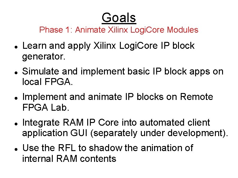 Goals Phase 1: Animate Xilinx Logi. Core Modules Learn and apply Xilinx Logi. Core