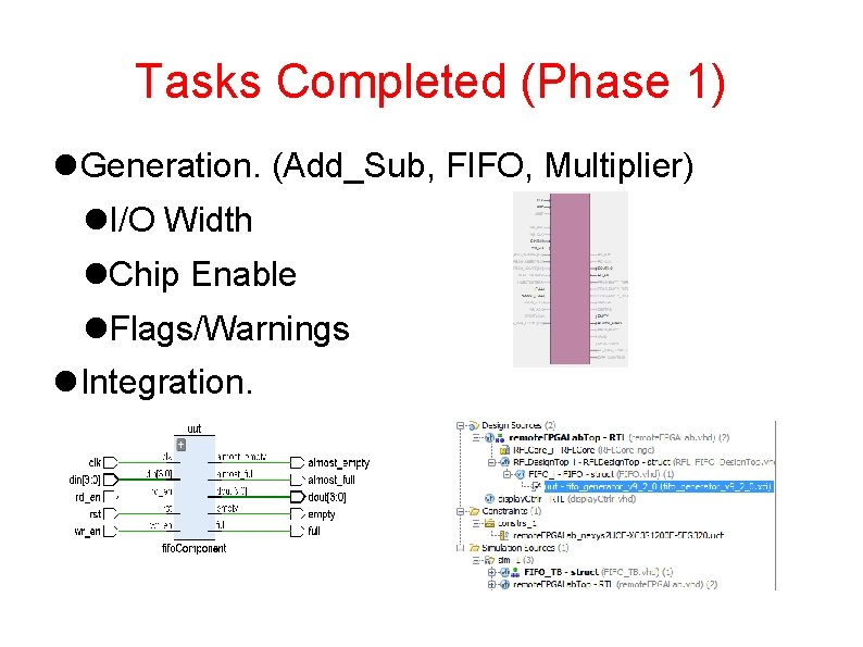 Tasks Completed (Phase 1) Generation. (Add_Sub, FIFO, Multiplier) I/O Width Chip Enable Flags/Warnings Integration.