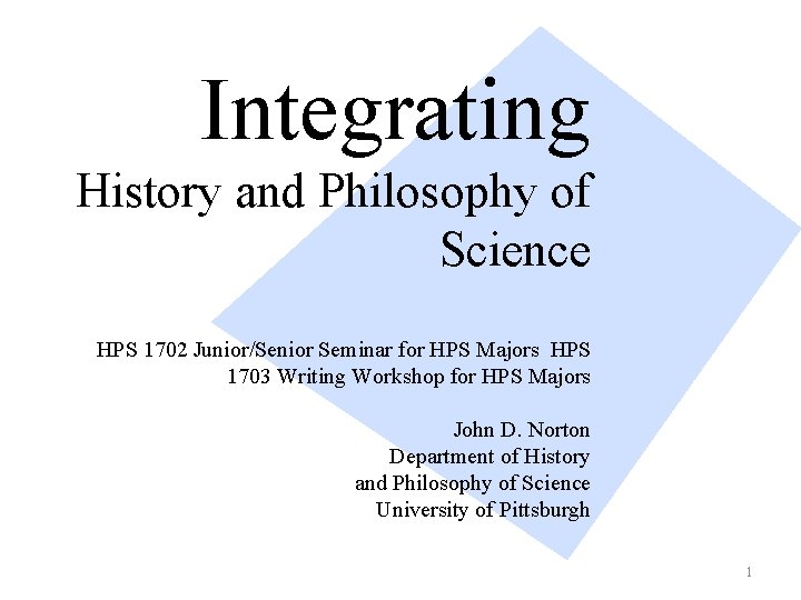 Integrating History and Philosophy of Science HPS 1702 Junior/Senior Seminar for HPS Majors HPS 1703