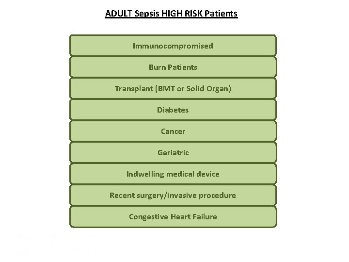 ADULT Sepsis HIGH RISK Patients Immunocompromised Burn Patients Transplant (BMT or Solid Organ) Diabetes