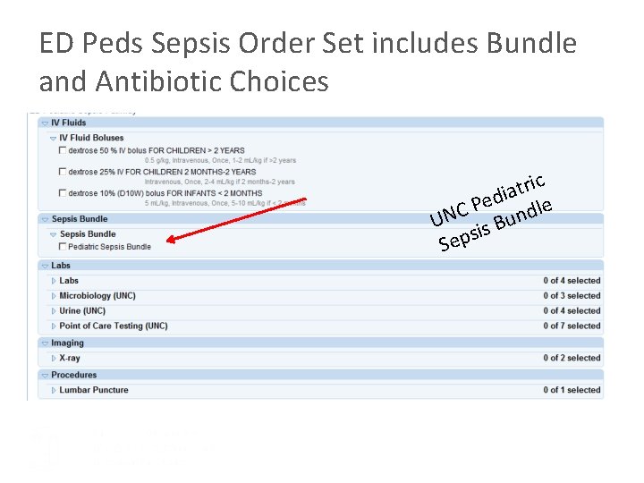 ED Peds Sepsis Order Set includes Bundle and Antibiotic Choices c i r t