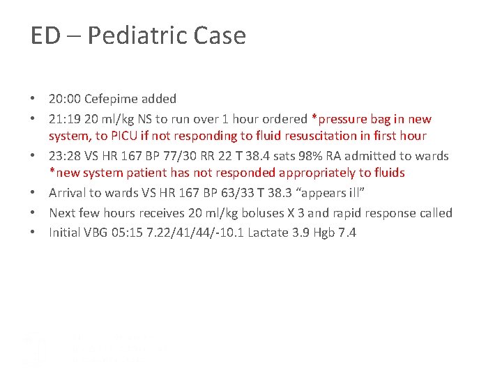 ED – Pediatric Case • 20: 00 Cefepime added • 21: 19 20 ml/kg