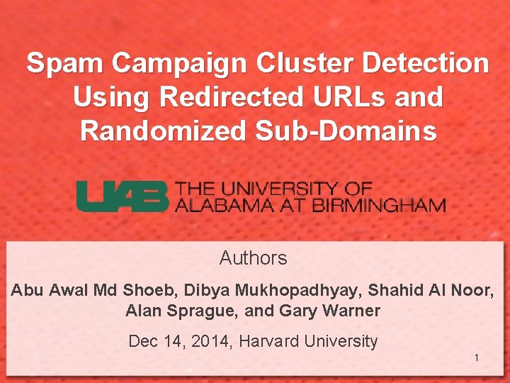 Spam Campaign Cluster Detection Using Redirected URLs and Randomized Sub-Domains Authors Abu Awal Md