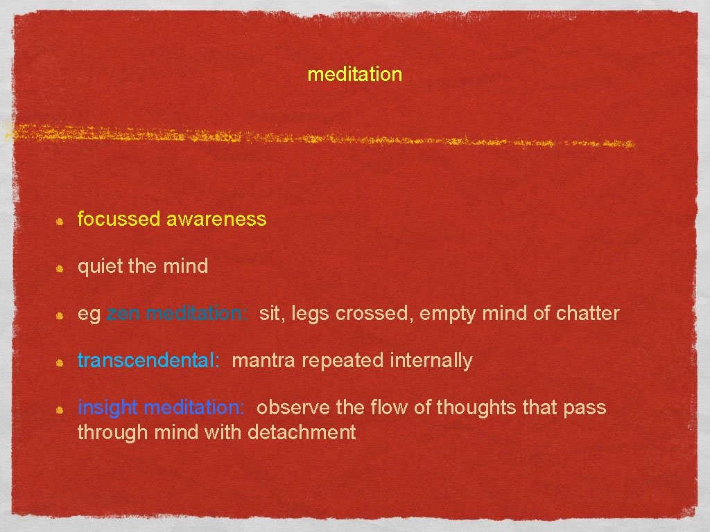 meditation focussed awareness quiet the mind eg zen meditation: sit, legs crossed, empty mind