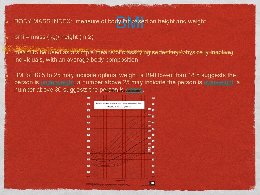 BMI BODY MASS INDEX: measure of body fat based on height and weight bmi