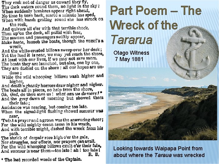 Part Poem – The Wreck of the Tararua Otago Witness 7 May 1881 Looking