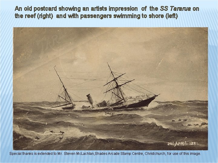 An old postcard showing an artists impression of the SS Tararua on the reef