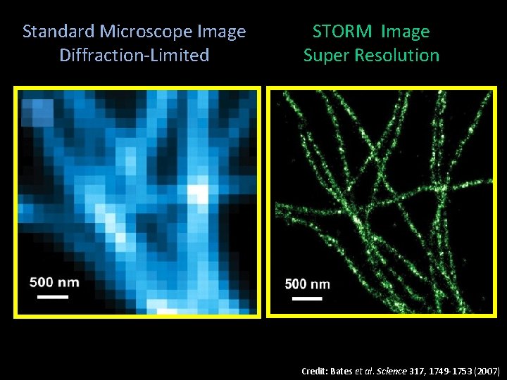 Standard Microscope Image Diffraction-Limited STORM Image Super Resolution Credit: Bates et al. Science 317,