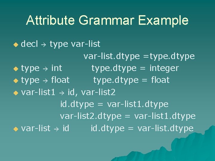 Attribute Grammar Example type var-list. dtype =type. dtype u type int type. dtype =