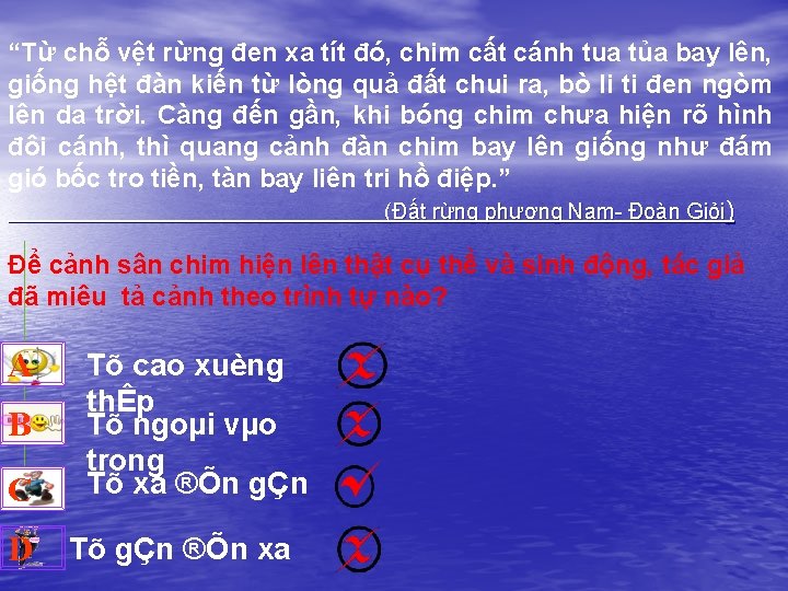 “Từ chỗ vệt rừng đen xa tít đó, chim cất cánh tua tủa bay