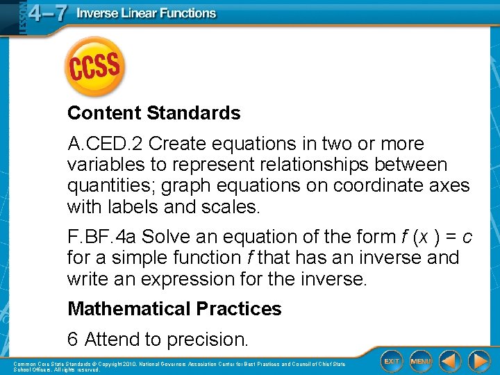 Content Standards A. CED. 2 Create equations in two or more variables to represent Content Standards A. CED. 2 Create equations in two or more variables to represent
