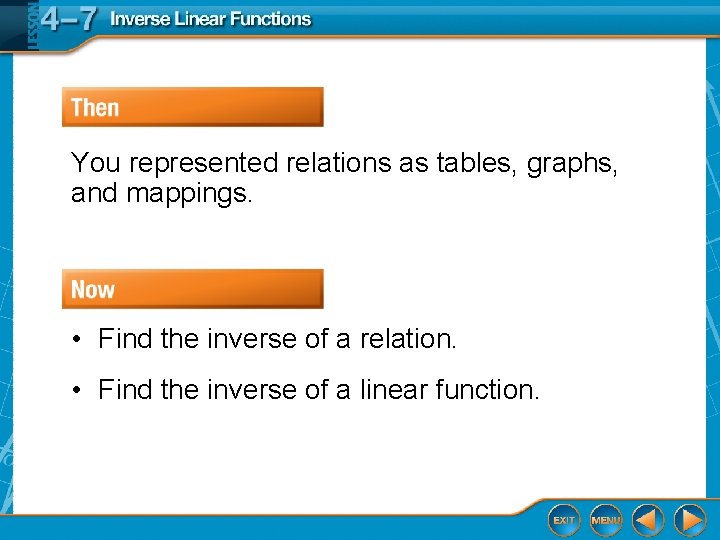 You represented relations as tables, graphs, and mappings. • Find the inverse of a You represented relations as tables, graphs, and mappings. • Find the inverse of a