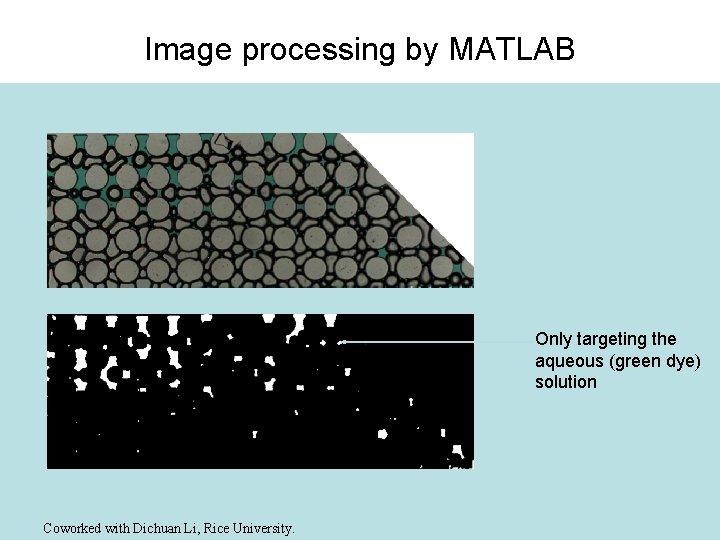 Image processing by MATLAB Only targeting the aqueous (green dye) solution Coworked with Dichuan