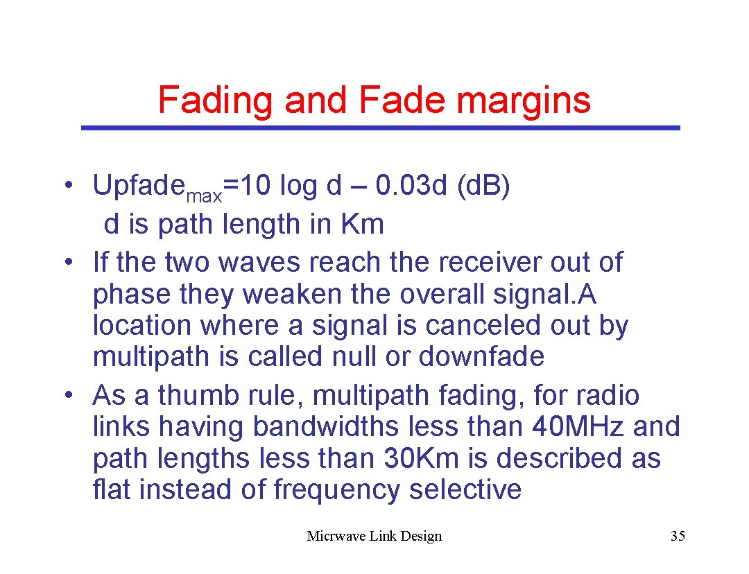 Fading and Fade margins • Upfademax=10 log d – 0. 03 d (d. B)