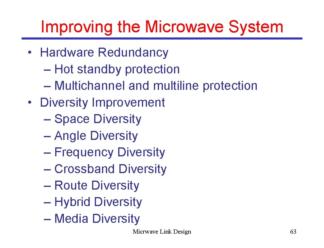 Improving the Microwave System • Hardware Redundancy – Hot standby protection – Multichannel and